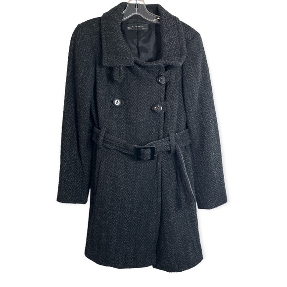 ZARA wool blend short trench coat size M charcoal herringbone pattern - Picture 1 of 7